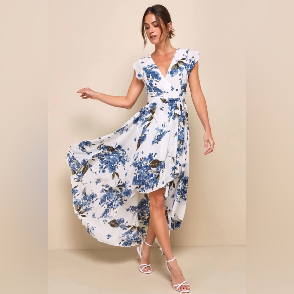 NWOT - Lulus French Countryside White Floral Print High-Low Dress, Medium